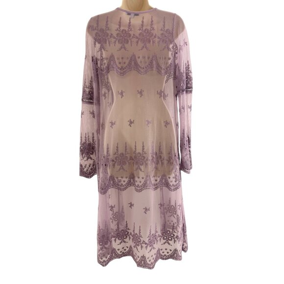 Purple Bohemian Sheer Embroidered Kimono Mesh Lace Duster Size L Festival Boho - Picture 3 of 6